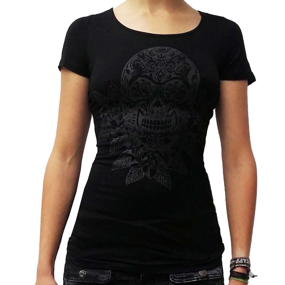 Gothic Top Sugar Skull Metal Swirl