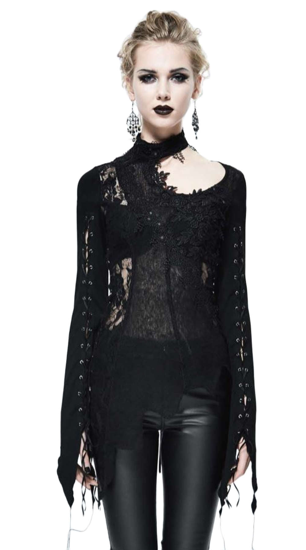 Gothic Damen Longsleeve Schwarz Mit Stickerien
