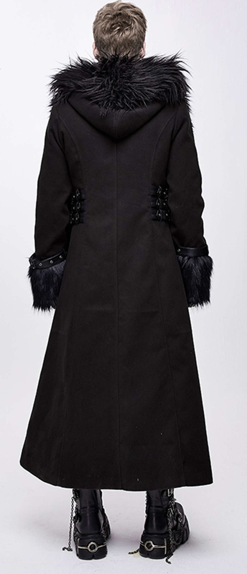 Devil Fashion Black Gothic men hooded coat with fur hems