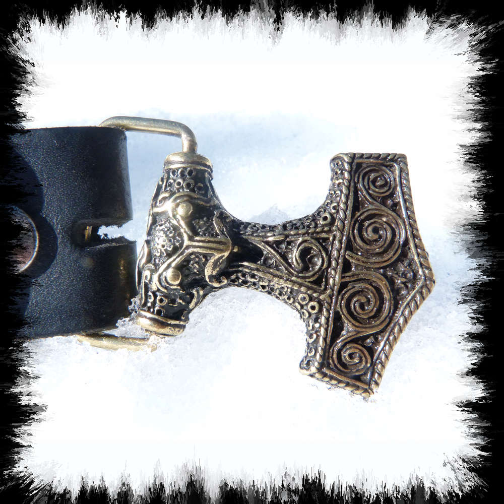 Leather belt Thor's hammer bronze