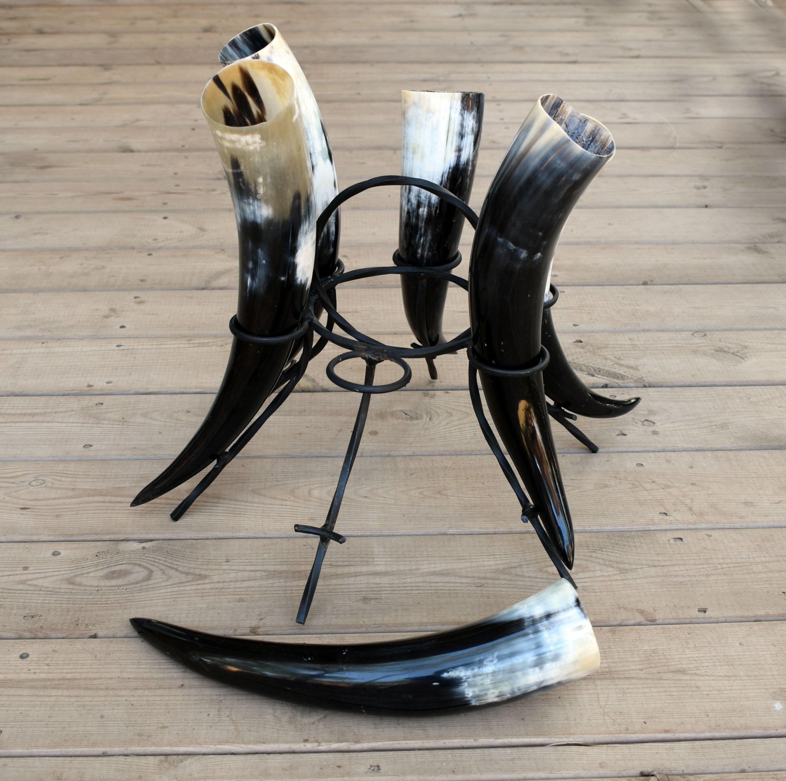 Viking drinking horn set 6 polished drinking horns each 400ml in a round table stand