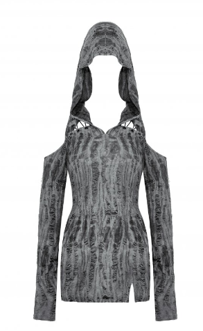 Graues shredded Mini Kleid mit Kapuze von Dark in Love