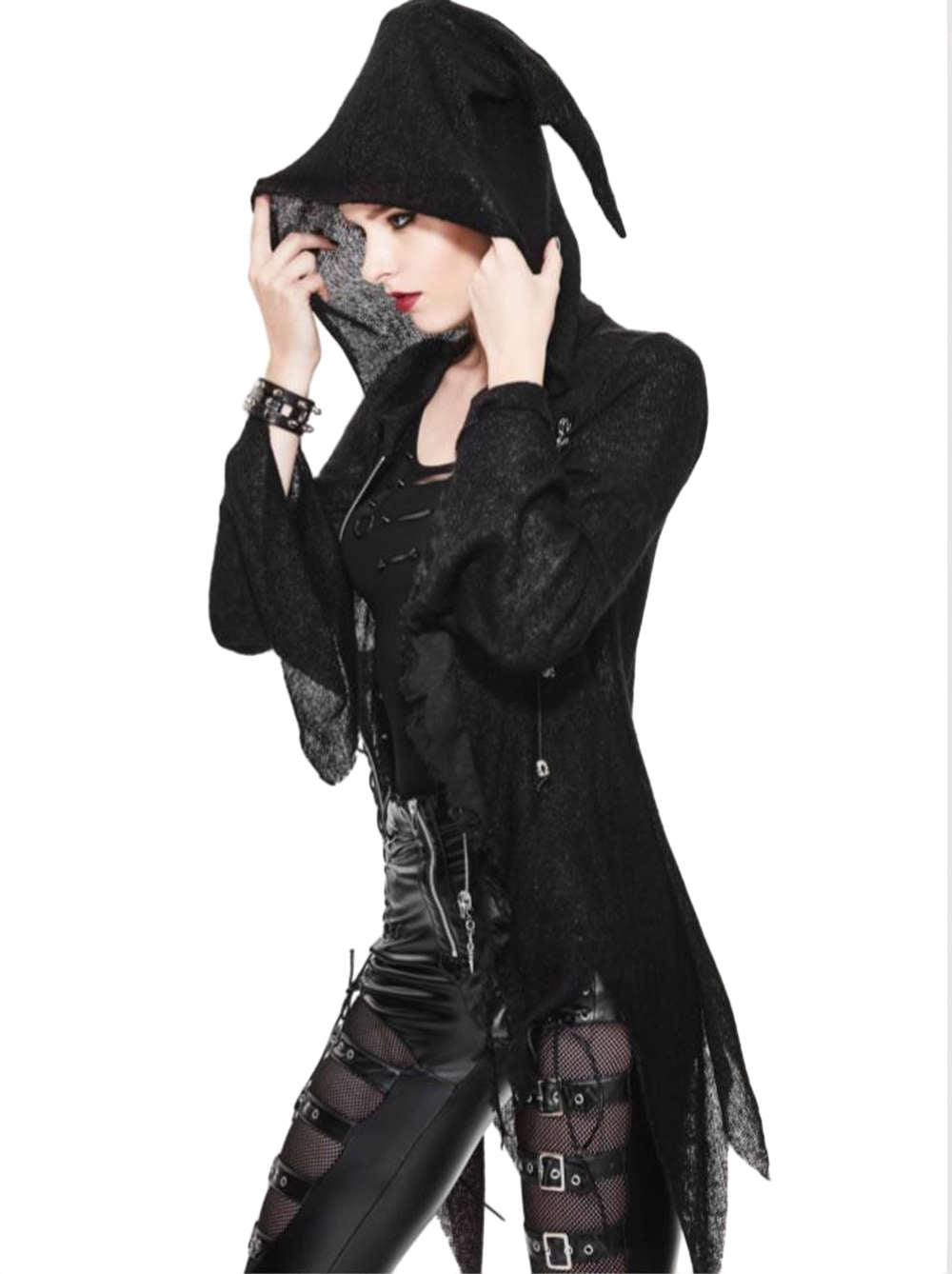 Gothic Damen Strickmantel Asymetrisch Mit Kapuze