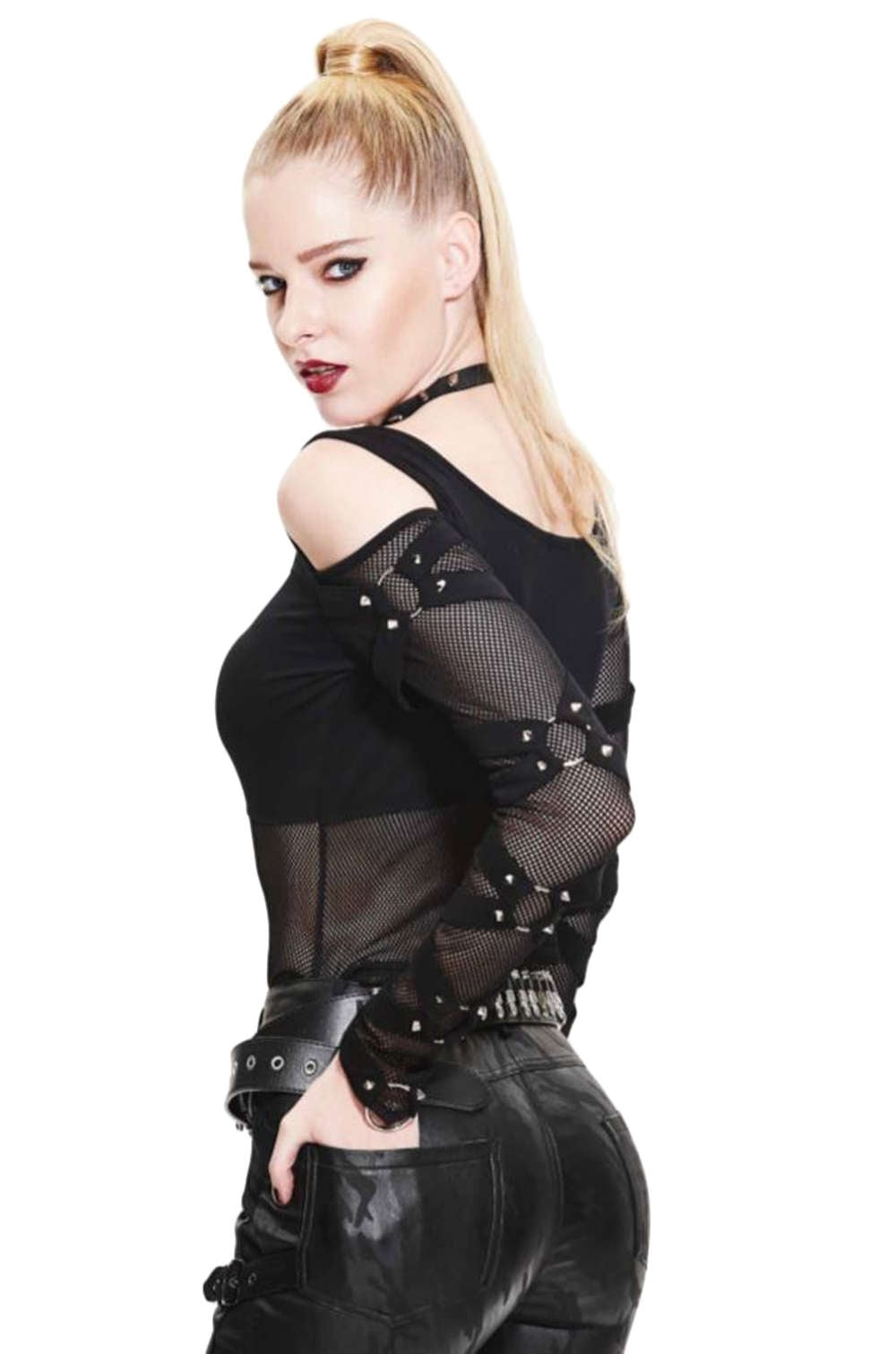 Gothic Damen Shirt Mit Netz Ärmeln Und Ringen