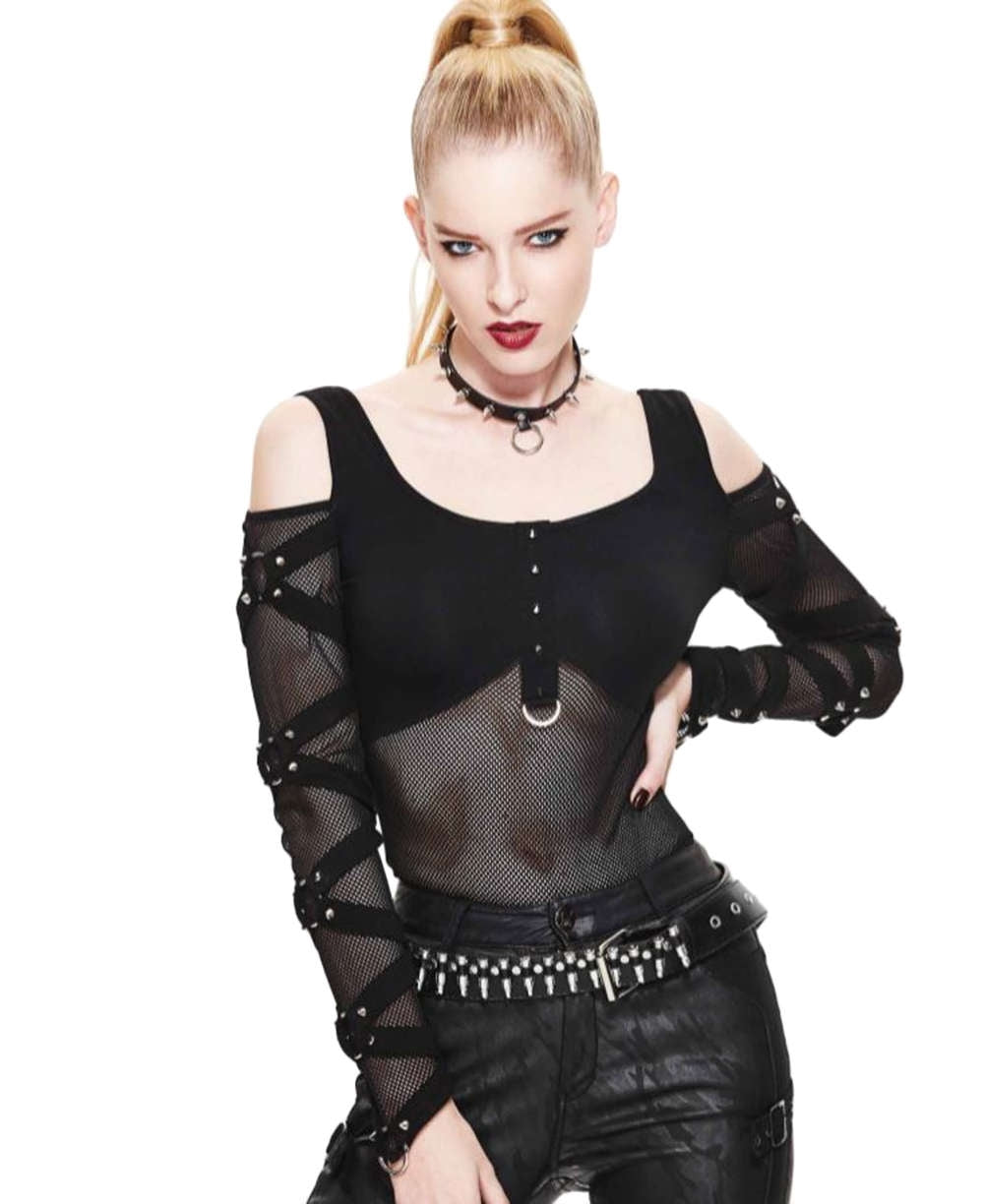 Gothic Damen Shirt Mit Netz Ärmeln Und Ringen