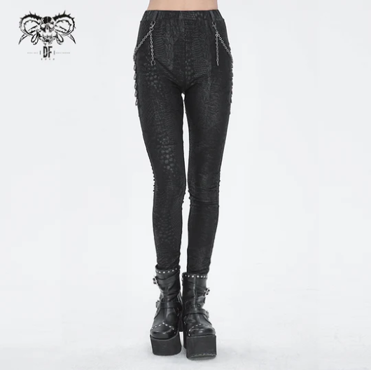 Schlangenmuster Slim-Hose mit Ketten von Devil Fashion
